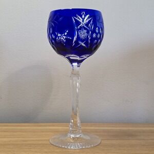 Vtg Beyer Cobalt Cut to Clear Crystal Hock Wine Glass Goblet Bleikristal Germany